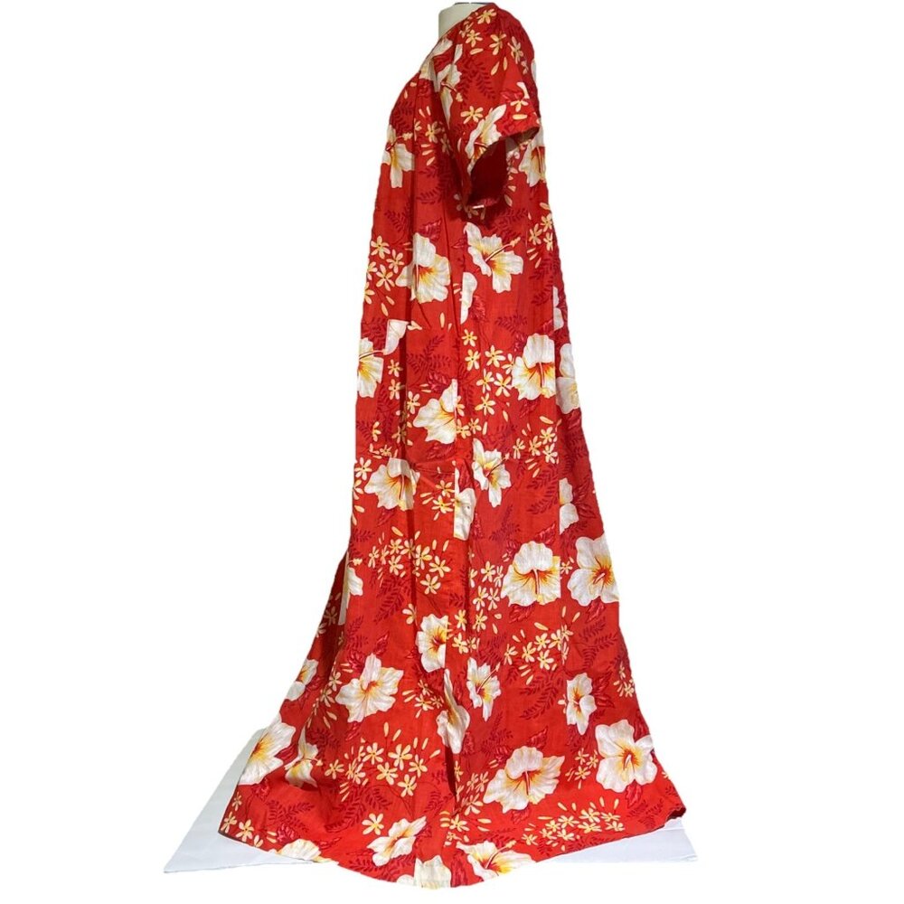 Vtg Sears Housecoat Red Floral 60s 70s Maxi Dress Mod Pockets Muumuu Hawaiian S - Picture 7 of 11